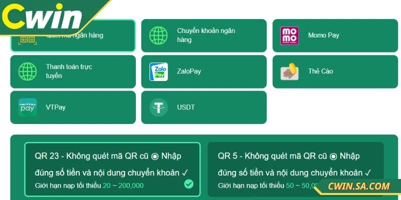Nạp Tiền Cwin Dễ Dàng Với Nhiều Phương Thức Tiện Lợi 1 Một số hình thức thêm số dư vào ví tại nhà cái